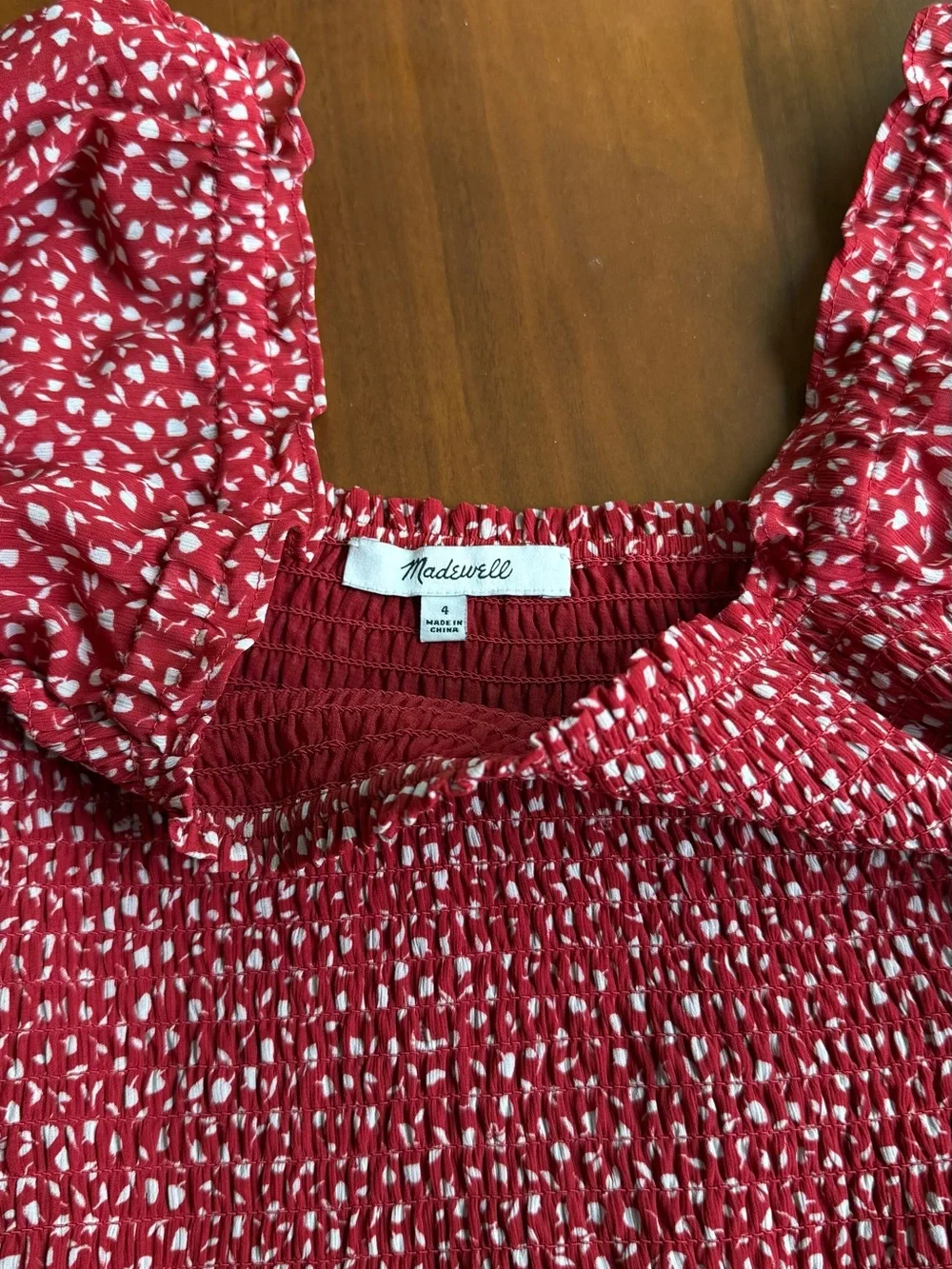 Madewell Red Square-Neck Smocked Peplum Blouse with Puff Sleeves - Picture 3 of 3